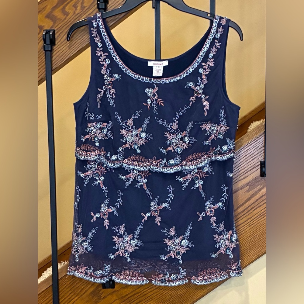 Sundance Top By Anthropologie Blue Embroidered Beaded Sleeveless SZ. Small
